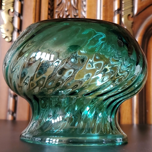 Vntg 5" Peacock Turquoise Optic Swirl Squat Vase - Picture 5 of 13